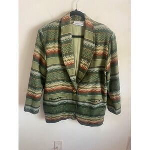Samantha Vintage Southwestern Stripe Blazer Jacket Green Rust Large Made in USA
